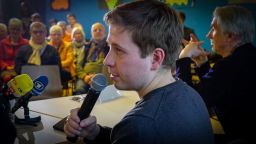 Kevin Kuehnert, youth leader of the Social Democrats, speaks at a campaign event to reject the coalition government of German chancellor Angela Merkel.  On Sunday, more than 400 thousand party members of the Social Democrats will vote on whether to accept or reject the coalition.