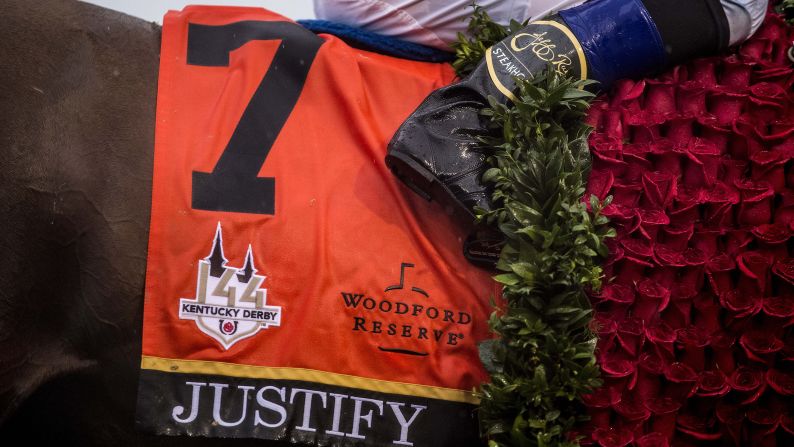 Justify's saddle towel drips water after the horse won the 144th Kentucky Derby at Churchill Downs on May 5, 2018, in Louisville, Kentucky.