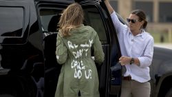 First lady Melania Trump walks to her vehicle as she arrives at Andrews Air Force Base, Md., Thursday, June 21, 2018, after visiting the Upbring New Hope Children Center run by the Lutheran Social Services of the South in McAllen, Texas. (AP Photo/Andrew Harnik)