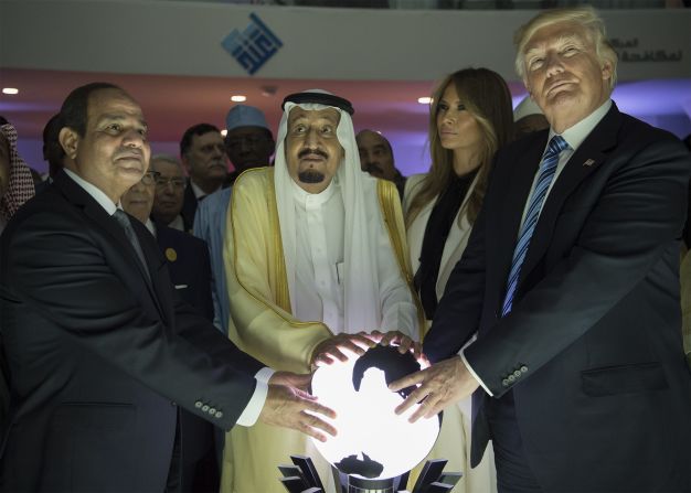 From right, President Trump, first lady Melania Trump, Saudi King Salman bin Abdulaziz Al Saud and Egyptian President Abdel Fattah el-Sisi attend an inauguration ceremony for the Global Center for Combating Extremist Ideology. The facility is in Riyadh, Saudi Arabia. <a href="http://www.cnn.com/2017/05/20/politics/gallery/trump-first-foreign-trip/index.html" target="_blank">See more photos from Trump's first foreign tour in May 2017</a>