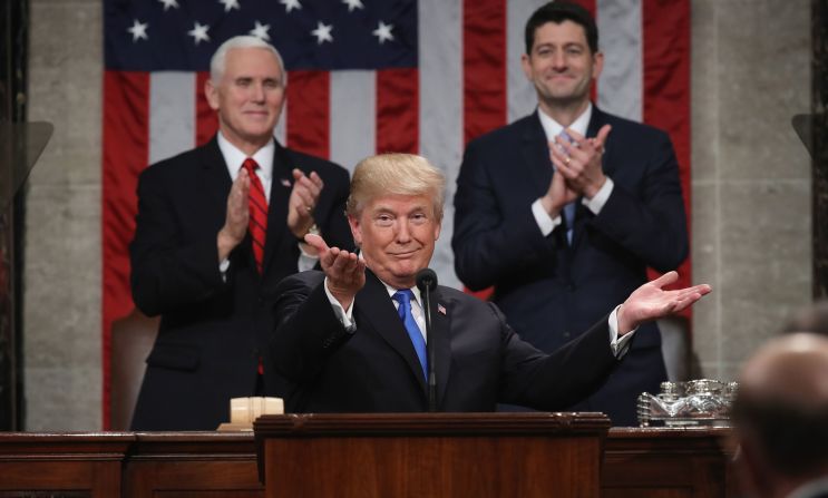 Trump gestures during <a href="https://www.cnn.com/interactive/2018/01/politics/state-of-the-union-cnnphotos/" target="_blank">his State of the Union address</a> in January 2018. Trump declared that the "state of our union is strong because our people are strong. Together, we are building a safe, strong and proud America."