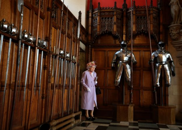 The Queen enters the Great Hall at Edinburgh Castle after attending a commemorative service for the Scottish National War Memorial in July 2014.