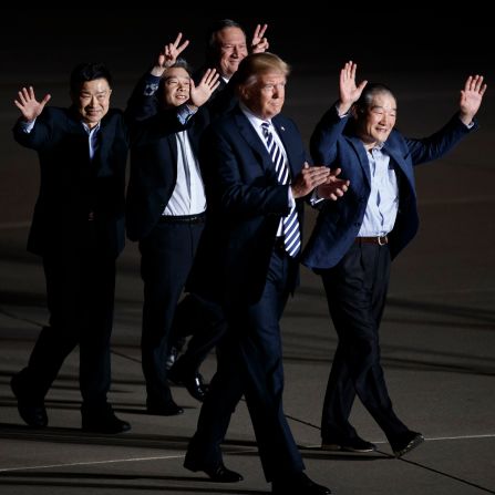 Three Americans<a href="https://www.cnn.com/2018/05/10/politics/trump-north-korea-freed-americans/index.html" target="_blank"> released by North Korea</a> are welcomed at Andrews Air Force Base in Maryland by Trump and Secretary of State Mike Pompeo in May 2018. Kim Dong Chul, Kim Hak-song and Kim Sang Duk, also known as Tony Kim, were freed while <a href="https://www.cnn.com/2018/05/09/politics/mike-pompeo-north-korea-prisoners-tick-tock/index.html" target="_blank">Pompeo was visiting North Korea</a> to discuss Trump's upcoming summit with North Korean leader Kim Jong Un.