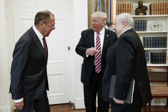 Trump points at Sergey Kislyak, Russia's ambassador to the United States, while hosting Kislyak and Russian Foreign Minister Sergey Lavrov, left, at the White House in May 2017. <a href="http://www.cnn.com/2017/05/10/politics/trump-lavrov-tillerson-meeting/index.html" target="_blank">The meeting with Lavrov</a> was the highest-level encounter between the US administration and Moscow since Trump's inauguration.