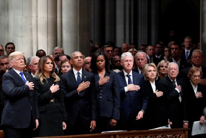 Donald and Melania Trump join former US presidents and their wives at <a href="https://www.cnn.com/2018/12/02/politics/gallery/george-h-w-bush-memorials/index.html" target="_blank">the state funeral of George H.W. Bush</a> in December 2018. In the front row, from left, are the Trumps, Barack and Michelle Obama, Bill and Hillary Clinton, and Jimmy and Rosalynn Carter.