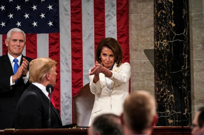 Pelosi and Pence clap during Trump's State of the Union address in February 2019. Because of the record-long government shutdown, <a href="https://www.cnn.com/2019/02/05/politics/gallery/state-of-the-union-2019/index.html" target="_blank">Trump's speech</a> came a week later than originally planned.