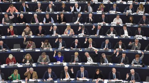 TOPSHOT - Members of the European Parliament take part in a voting session at the European Parliament on March 14, 2018 in Strasbourg, eastern France.    / AFP PHOTO / FREDERICK FLORIN        (Photo credit should read FREDERICK FLORIN/AFP/Getty Images)