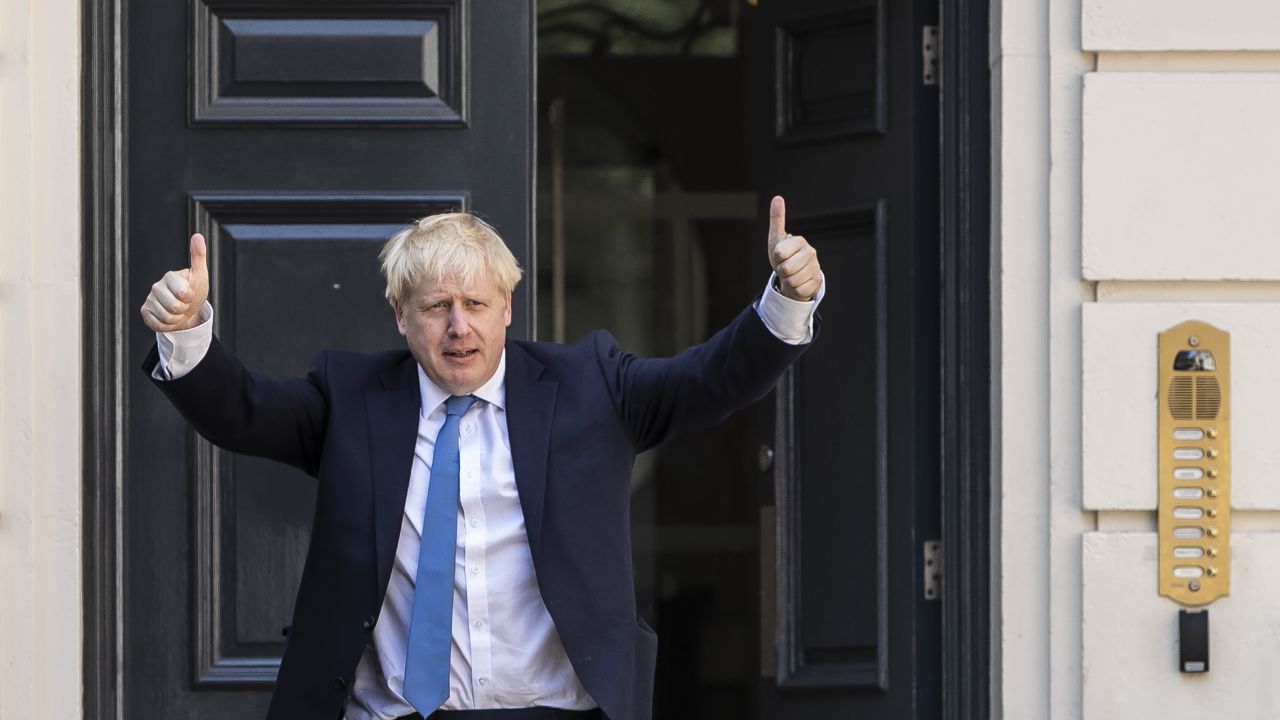 LONDON, ENGLAND - JULY 23: Newly elected Conservative party leader Boris Johnson poses outside the Conservative Leadership Headquarters on July 23, 2019 in London, England. After a month of hustings, campaigning and televised debates the members of the UK's Conservative and Unionist Party have voted for Boris Johnson to be their new leader and the country's next Prime Minister, replacing Theresa May. (Photo by Dan Kitwood/Getty Images)