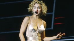 Blonde Ambition Tour, Madonna, Feyenoord Stadion, De Kuip, Rotterdam, Holland, 24/07/1990. She is wearing a Jean Paul Gaultier conical bra corset. (Photo by Gie Knaeps/Getty Images)