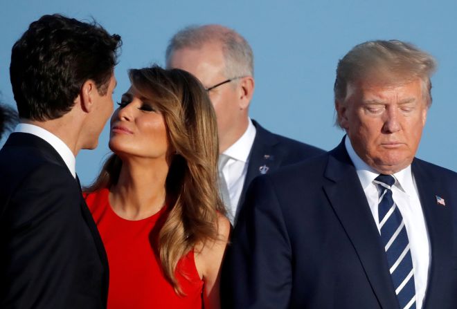 Melania Trump greets Canadian Prime Minister Justin Trudeau with a kiss on the cheek prior to a group photo at the G-7 summit in August 2019. <a href="https://www.cnn.com/videos/politics/2019/08/27/donald-trump-g7-summit-moos-pkg-vpx.cnn" target="_blank">The photo quickly circulated on social media.</a>