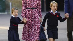 Britain's Princess Charlotte, left, with her brother Prince George and their parents Prince William and Kate, Duchess of Cambridge, arrives for her first day of school at Thomas's Battersea in London, Thursday Sept. 5, 2019. (Aaron Chown/Pool via AP)