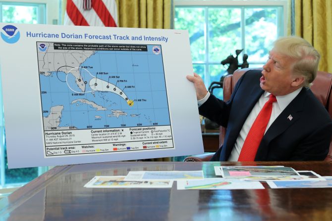 In September 2019, Trump shows an <a href="https://www.cnn.com/2019/09/04/politics/donald-trump-hurricane-alabama-map/index.html" target="_blank">apparently altered map</a> of Hurricane Dorian's trajectory. The map showed the storm potentially affecting a large section of Alabama. Over the course of the storm's development, Trump erroneously claimed multiple times that Alabama had been in the storm's path.