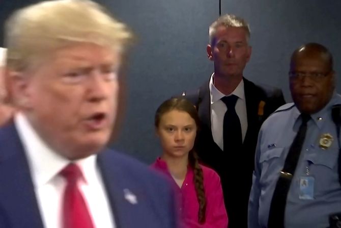 Swedish climate activist Greta Thunberg watches Trump as he enters the United Nations to speak with reporters in September 2019. Thunberg, 16, <a href="https://www.cnn.com/2019/09/23/weather/greta-thunberg-unga-climate-speech-intl/index.html" target="_blank">didn't mince words</a> as she spoke to world leaders during the UN Climate Action Summit. She accused them of not doing enough to mitigate climate change: "For more than 30 years, the science has been crystal clear. How dare you continue to look away?" <a href="https://www.cnn.com/2019/09/24/politics/trump-greta-thunberg-climate-change-trnd/index.html" target="_blank">Trump later mocked Thunberg on Twitter.</a>