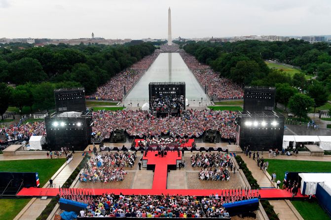 Crowds gather around the Lincoln Memorial Reflecting Pool to watch Trump speak in July 2019. <a href="https://www.cnn.com/2019/07/04/politics/gallery/trump-july-fourth-celebration/index.html" target="_blank">Trump's "Salute to America" ceremony</a> featured military flyovers, music and a largely apolitical speech that struck a patriotic tone. But the event drew considerable scrutiny in the days leading up to it, as <a href="https://www.cnn.com/2019/07/03/politics/military-concerns-trump-july-4th-event/index.html" target="_blank">some felt it was politicizing the military</a>. There were also critics who said the event, <a href="https://www.cnn.com/2019/07/02/politics/vip-tickets-white-house-show/index.html" target="_blank">with its massive VIP section and tickets for political donors,</a> had the sheen of a partisan affair. 