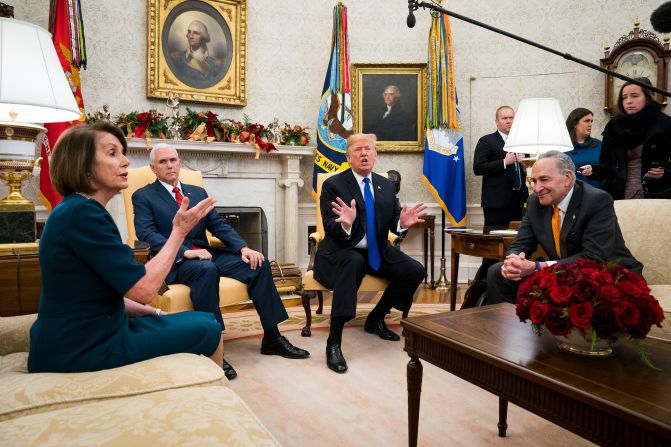 Trump and Vice President Mike Pence meet with House Minority Leader Nancy Pelosi and Senate Minority Leader Chuck Schumer at the White House in December 2018. In the meeting, part of which was open to the press, <a href="https://www.cnn.com/2018/12/11/politics/trump-pelosi-schumer-meeting-shutdown/index.html" target="_blank">Trump clashed with Schumer and Pelosi over funding for a border wall </a>and the threat of a government shutdown. Parts of the federal government did eventually shut down. <a href="https://www.cnn.com/2018/12/22/politics/gallery/government-shutdown-december-2018/index.html" target="_blank">The shutdown</a> lasted a record 35 days.