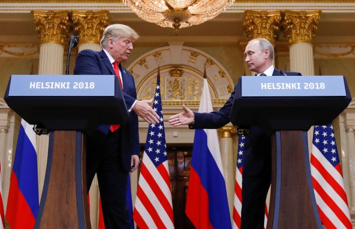 Trump shakes hands with Russian President Vladimir Putin at the end of <a href="https://www.cnn.com/interactive/2018/07/politics/trump-putin-summit-cnnphotos/" target="_blank">their summit</a> in Helsinki, Finland, in July 2018. Afterward, Trump said he believed it had significantly improved relations between the two countries. "Our relationship has never been worse than it is now. However, that changed as of about four hours ago. I really believe that," Trump said during a joint news conference. The Putin meeting was the last part of Trump's <a href="https://www.cnn.com/interactive/2018/07/politics/trump-europe-trip-cnnphotos/" target="_blank">weeklong trip to Europe.</a>