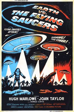 A movie poster from the 1950s shows how Hollywood envisioned UFOs