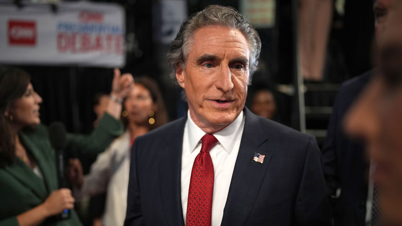 Gov. Doug Burgum speaks to reporters in the spin room following the CNN Presidential Debate between President Joe Biden and former President Donald Trump at the McCamish Pavilion on the Georgia Institute of Technology campus on June 27 in Atlanta.