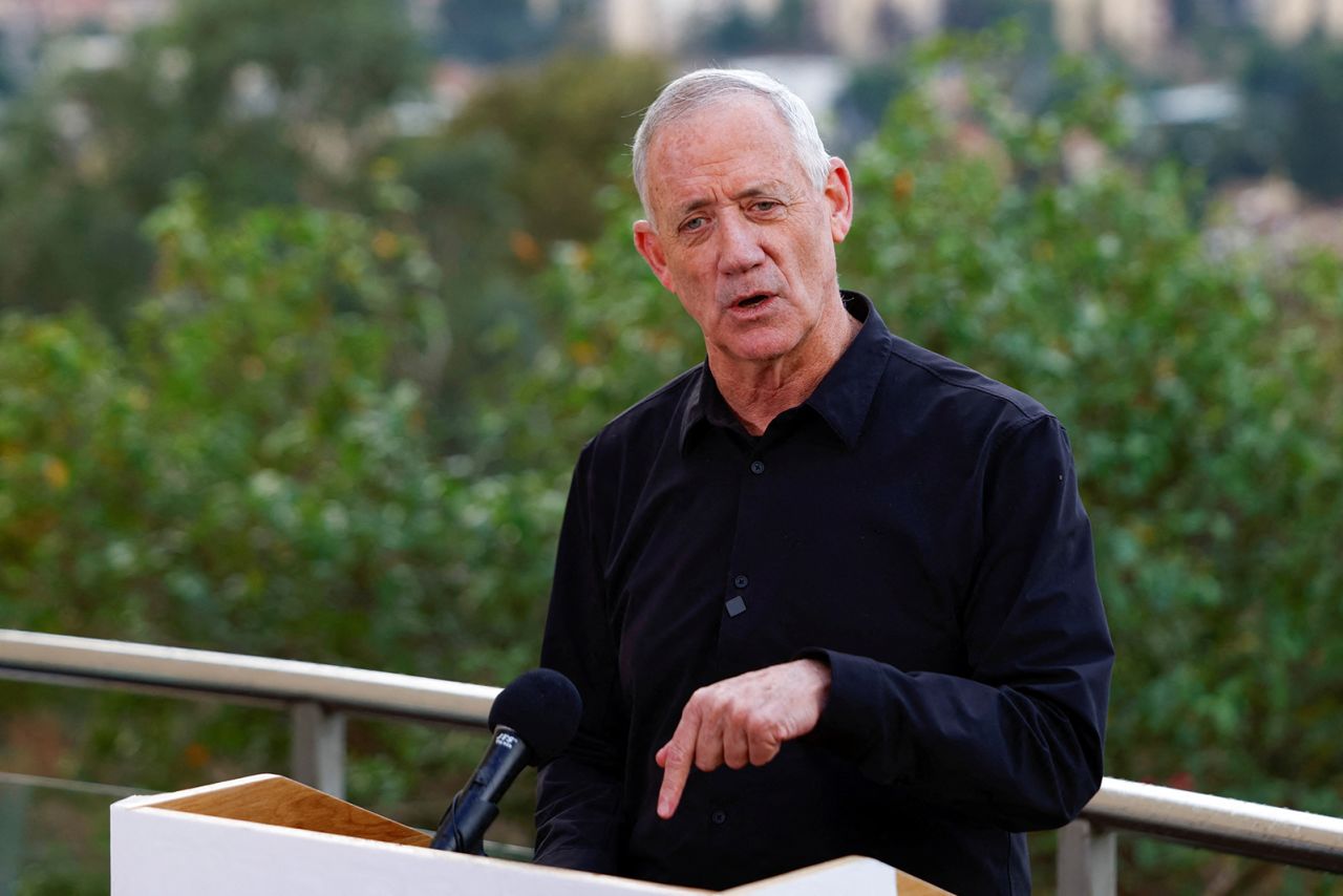 Israeli war cabinet minister Benny Gantz speaks in Kiryat Shmona, Israel, in November 2023. 