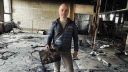 The owner of the printing house "GUROV I K," Dmytro Gurov, shows the damage caused by a Russian missile. He says there are about a million dollars in damages, but he has decided to restore the business.