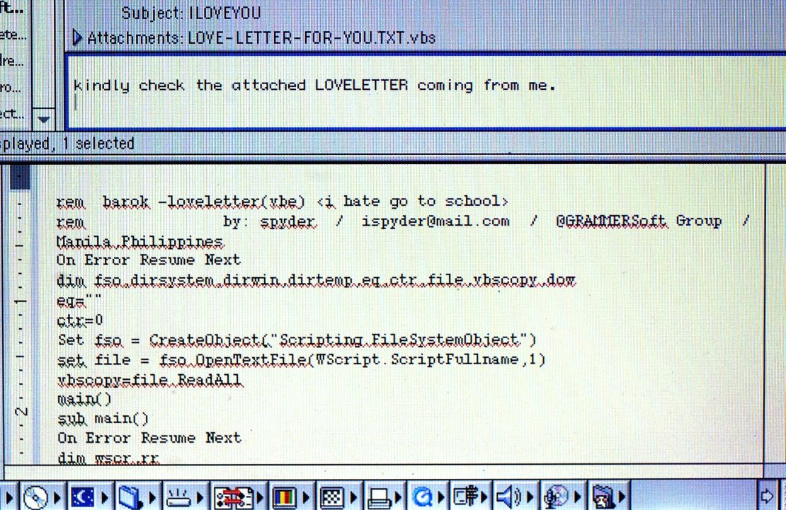 A screenshot showing a copy of the ILOVEYOU virus email which spread around the world in May 2000.