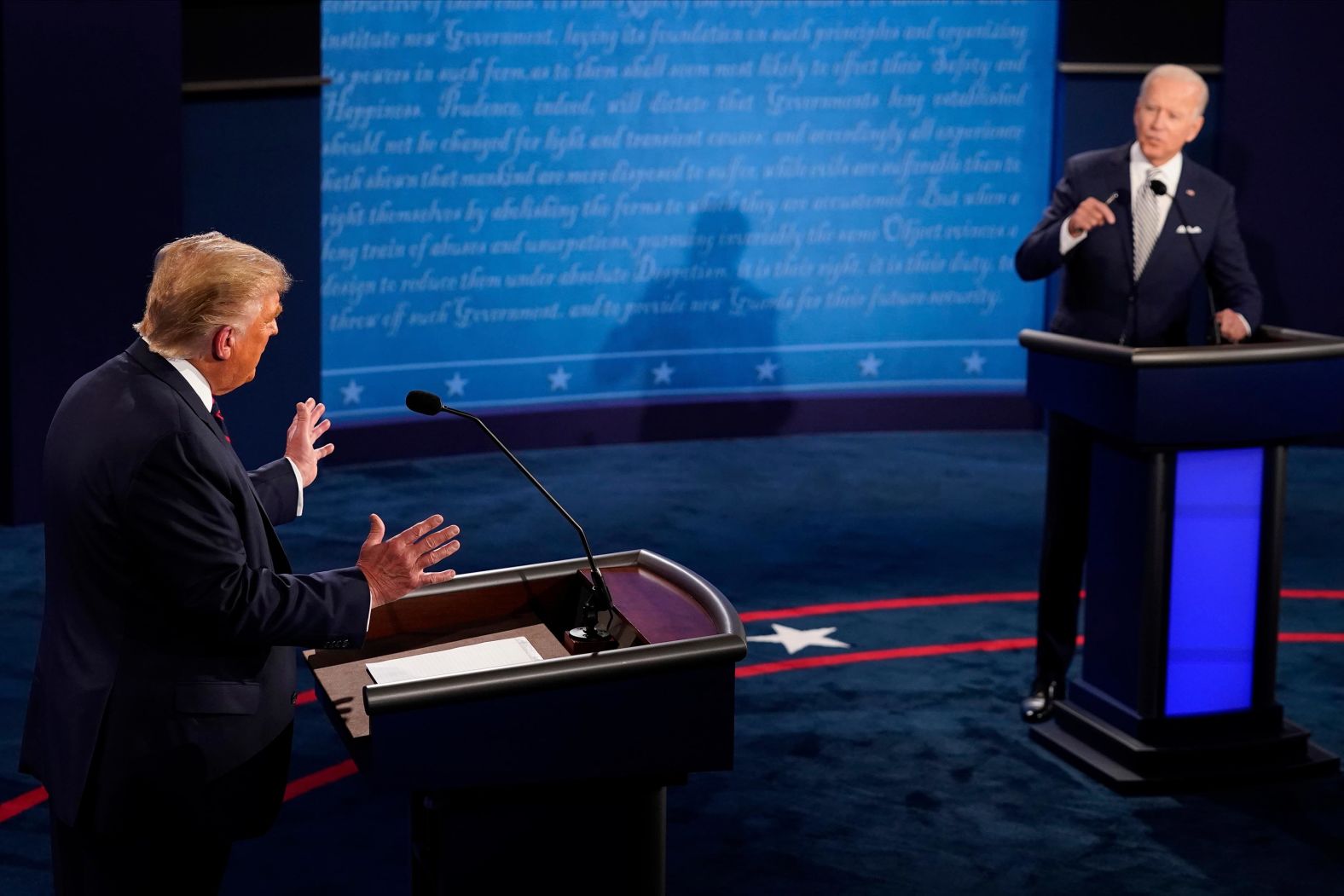 The two candidates address each other during the early part of the debate.