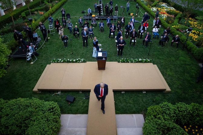 Trump leaves the White House Rose Garden following a coronavirus briefing in April 2020. During the briefing, Trump threatened to leave after Playboy correspondent and CNN analyst Brian Karem attempted to ask a question about social distancing. "Quiet. Quiet." Trump said. When Karem continued to ask his question Trump interjected, "If you keep talking, I'll leave and you can have it out with the rest of these people. If you keep talking, I'm going to leave and you can have it out with them. Just a loudmouth." It wasn't the first time Trump had lashed out at a reporter during a coronavirus briefing. <a href="http://www.cnn.com/2020/04/08/politics/gallery/trump-white-house-coronavirus-briefings/index.html" target="_blank">He has vented his frustrations</a> on several occasions.