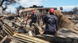 Members of FEMA Urban Search and Rescue teams Washington Task Force 1 and Nevada Task Force 1 continue searching through destroyed neighborhoods in the Maui city of Lahaina, Hawaii, U.S. August 13, 2023. Dominick Del Vecchio/FEMA/Handout via REUTERS. 
THIS IMAGE HAS BEEN SUPPLIED BY A THIRD PARTY.