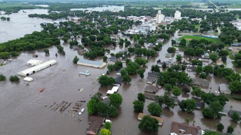 A drone view shows a flooded area following heavy rainfall in Rock Valley, Iowa, U.S. June 22, 2024, in this still image obtained from a social media video.