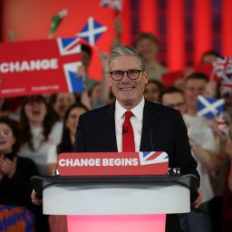 Keir Starmer, leader of Britain's Labour party, addresses his supporters at a reception to celebrate his win in the election, at Tate Modern, in London, Britain, July 5, 2024. REUTERS/Suzanne Plunkett