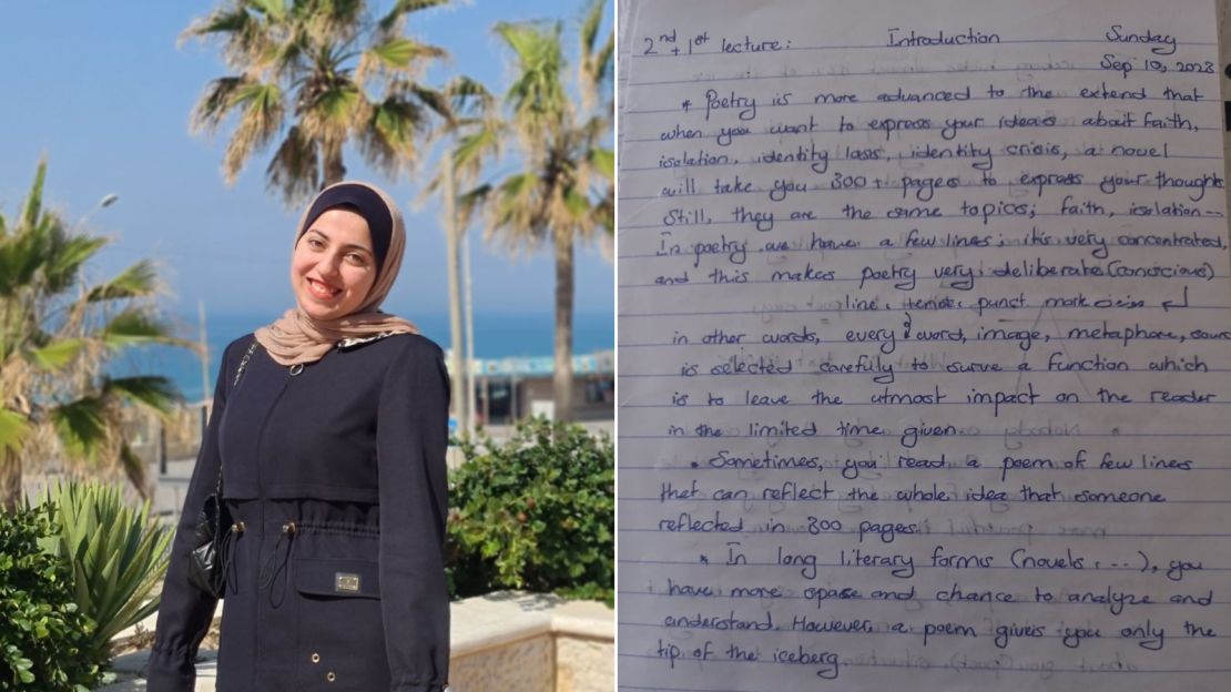 Haya Ismail, an English literature student, aged 20, has kept her university notes in tribute to her late professor, Refaat Alareer, who taught her "the power of words."