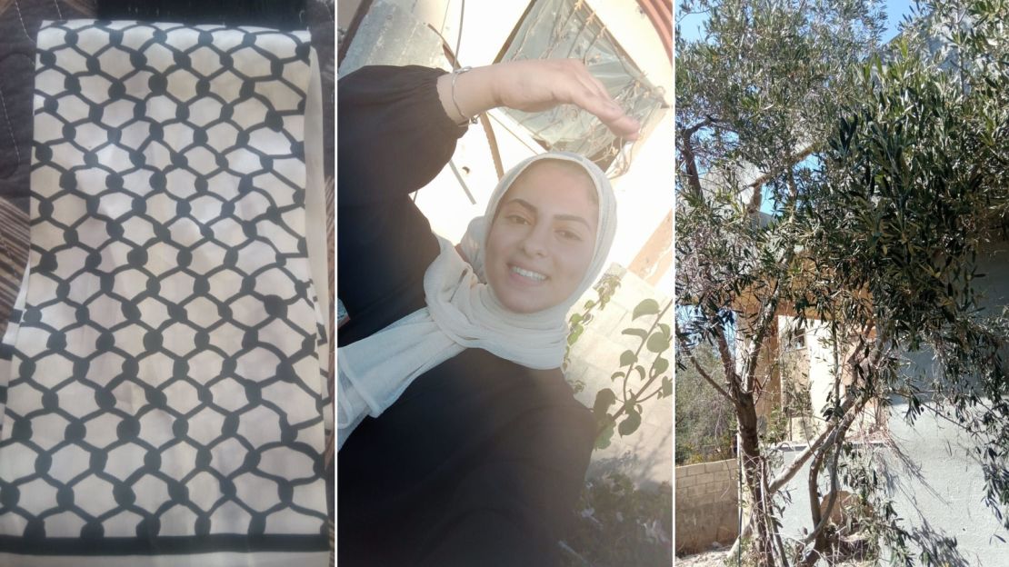 Raghad Ezzat Hamouda, 19 (center), has preserved a keffiyeh belonging to her late grandmother (left), and a branch from her family olive tree in Beit Lahia, (right) which her father planted.