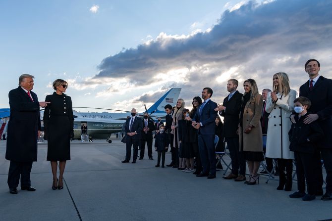 Trump acknowledges his children and other family members on the tarmac of Joint Base Andrews before heading to Florida and skipping <a href="https://www.cnn.com/2021/01/19/politics/gallery/joe-biden-inauguration-photos/index.html" target="_blank">the inauguration of Joe Biden.</a> "I will always fight for you," <a href="https://www.cnn.com/politics/live-news/biden-harris-inauguration-day-2021/h_c7d52b0352ef4bfed902fd3b12d8a24b" target="_blank">he said in front of a crowd of family and friends.</a> "I will be watching. I will be listening, and I will tell you that the future of this country has never been better. I wish the new administration great luck and great success. I think they'll have great success. They have the foundation to do something really spectacular."