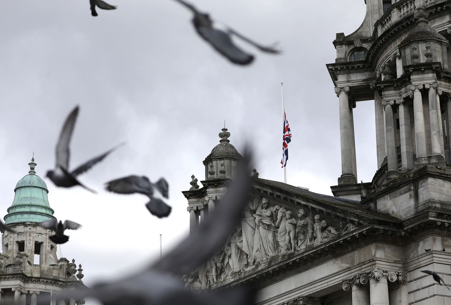 A flag flies at half-staff in Belfast, Northern Ireland.