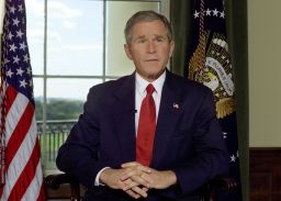 President Bush in the Treaty Room of the White House, October 7, 2001, after announcing airstrikes on on Afghanistan.