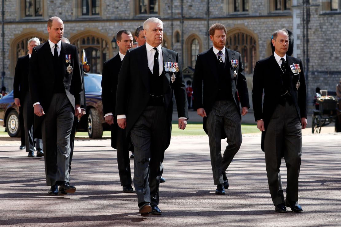 Prince William, Prince Andrew, Prince Harry and Prince Edward walk together before the funeral of Prince Philip.