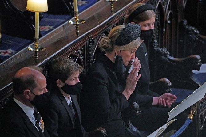 Prince Edward sits with his wife, Sophie, the Countess of Wessex, and their two children, James and Louise, during the funeral.