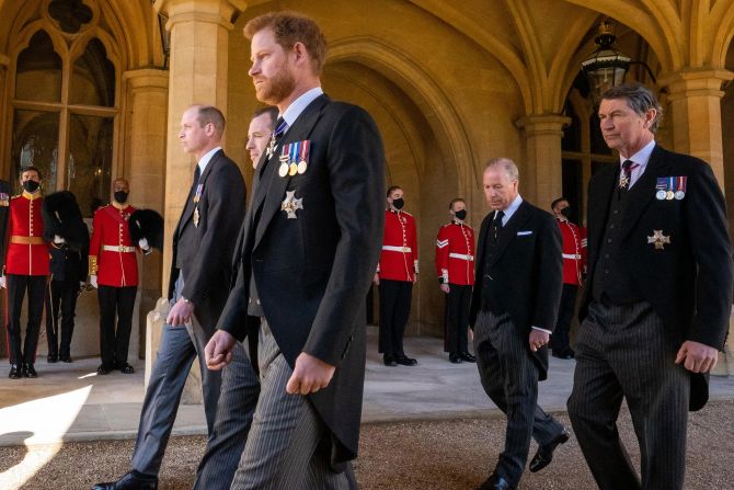 From left, Philip's grandsons Prince William, Peter Phillips and Prince Harry walk behind his coffin during the funeral procession. Behind them are the Earl of Snowdon David Armstrong-Jones and Vice Admiral Sir Timothy Laurence. Armstrong-Jones is the son of the Queen's late sister Margaret. Laurence is Princess Anne's husband. After the funeral, Prince William and Prince Harry <a href="https://www.cnn.com/2021/04/17/uk/william-harry-philip-funeral-intl-gbr-scli/index.html" target="_blank">were seen chatting and walking together.</a>