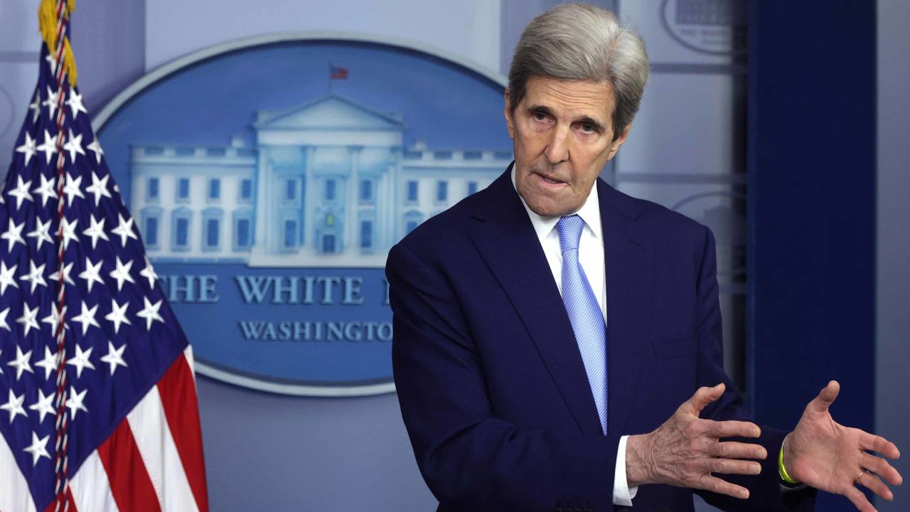 WASHINGTON, DC - APRIL 22:  Special Presidential Envoy for Climate and former Secretary of State John Kerry speaks during a daily press briefing at the James Brady Press Briefing Room of the White House April 22, 2021 in Washington, DC. White House Press Secretary Jen Psaki held the daily press briefing to discuss various topics including the virtual Leaders Summit on Climate with 40 world leaders that was held by the White House today.  (Photo by Alex Wong/Getty Images)