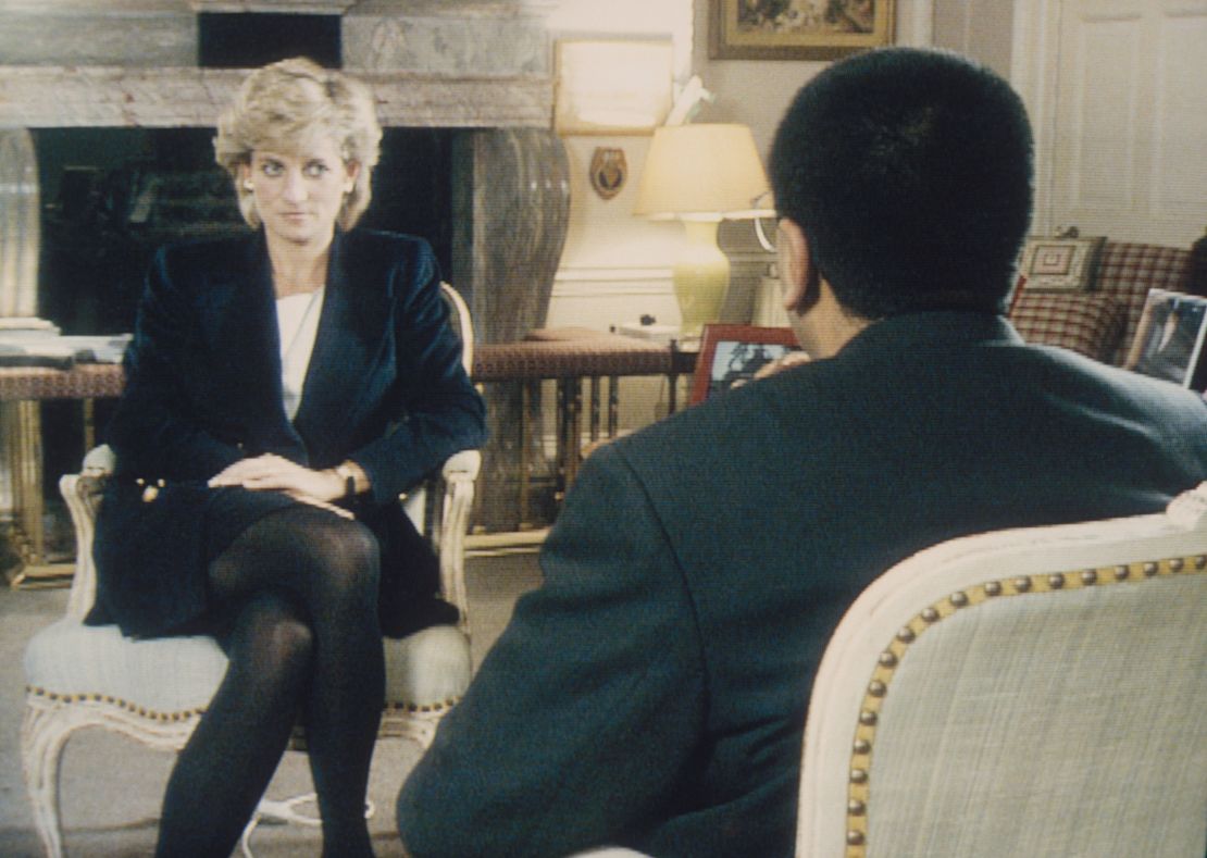 Martin Bashir interviews Princess Diana in Kensington Palace for the BBC television program "Panorama" in 1995.