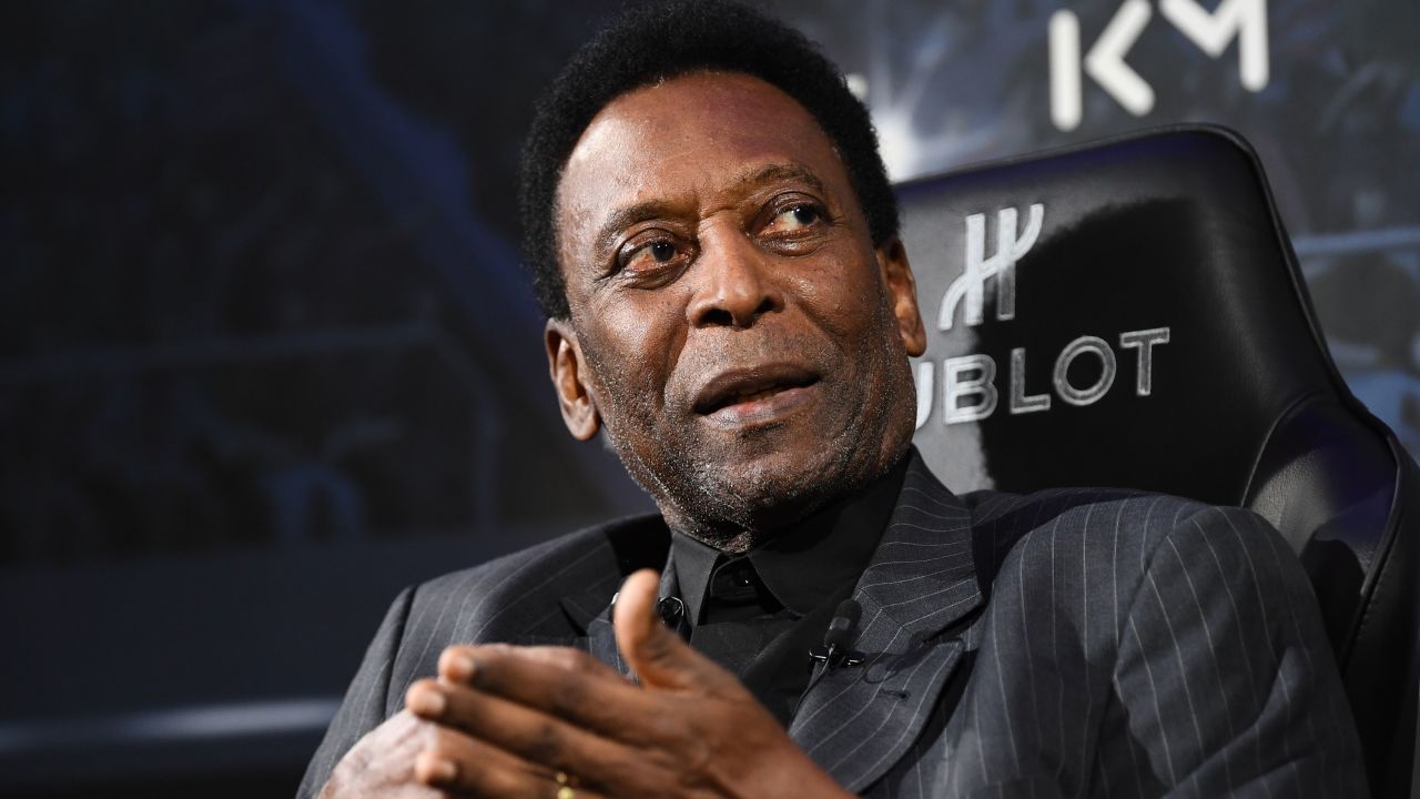 Brazilian football legend Pele speaks during a meeting with Paris Saint-Germain (PSG) and France national football team forward Kylian Mbappe at the Hotel Lutetia in Paris on April 2, 2019. (Photo by FRANCK FIFE / AFP) (Photo by FRANCK FIFE/AFP via Getty Images)