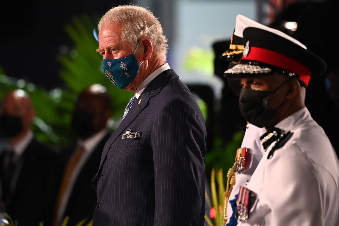 Britain's Prince Charles, Prince of Wales, attends the Presidential Inauguration Ceremony at Heroes Square on November 29, 2021 in Bridgetown, Barbados. 