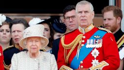 LONDON, UNITED KINGDOM - JUNE 08: (EMBARGOED FOR PUBLICATION IN UK NEWSPAPERS UNTIL 24 HOURS AFTER CREATE DATE AND TIME) Queen Elizabeth II and Prince Andrew, Duke of York (wearing the uniform of Colonel of the Grenadier Guards) watch a flypast from the balcony of Buckingham Palace during Trooping The Colour, the Queen's annual birthday parade, on June 8, 2019 in London, England. The annual ceremony involving over 1400 guardsmen and cavalry, is believed to have first been performed during the reign of King Charles II. The parade marks the official birthday of the Sovereign, although the Queen's actual birthday is on April 21st. (Photo by Max Mumby/Indigo/Getty Images)