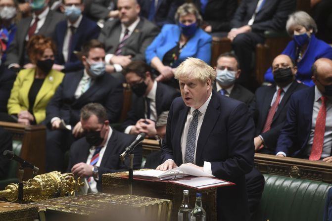 Johnson speaks in the House of Commons in January 2022. He<a href="https://www.cnn.com/2022/01/12/uk/boris-johnson-pmqs-downing-street-party-intl-gbr/index.html" target="_blank"> apologized</a> for attending a May 2020 garden party that took place while the UK was in a hard lockdown to combat the spread of Covid-19. Johnson told lawmakers he believed the gathering to be a work event but that, with hindsight, he should have sent attendees back inside.