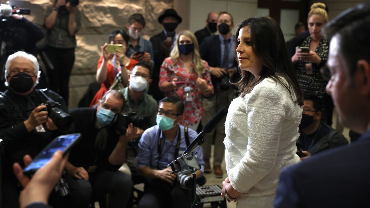 Rep. Elise Stefanik speaks to reporters after a caucus meeting where she was elected chair of the House Republican Conference in the US Capitol Visitors Center on May 14, 2021, in Washington. 