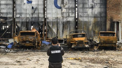 Journalist inspected destroyed Russian military machinery at the Gostomel airfield near Kyiv, Ukraine, 08 April 2022  (Photo by Maxym Marusenko/NurPhoto via Getty Images)