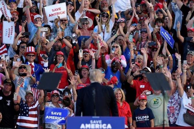 Trump holds <a href="https://www.cnn.com/2021/06/26/politics/trump-rally-anthony-gonzalez/index.html" target="_blank">his first post-presidency rally</a> at the Lorain County Fairgrounds in Wellington, Ohio, in June 2021.