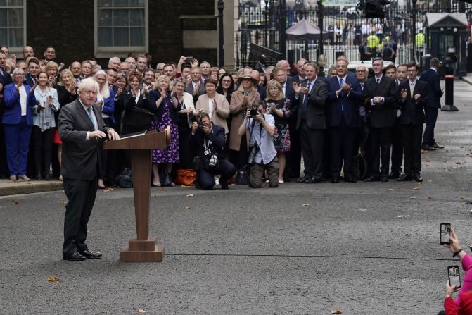 Johnson speaks outside No. 10 Downing Street on September 6. It was his last day as prime minister.