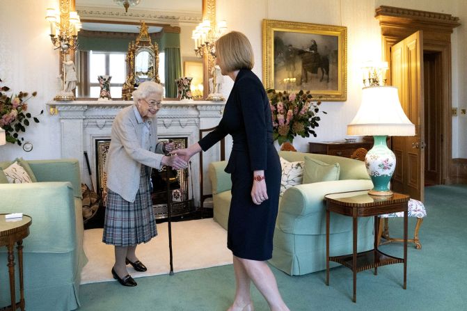 The Queen welcomes <a href="https://www.cnn.com/2022/09/05/uk/gallery/liz-truss/index.html" target="_blank">Liz Truss</a> at Balmoral Castle in Scotland, formally inviting her to be the new prime minister in September 2022. The meeting would traditionally have taken place at London's Buckingham Palace, but the monarch had significantly reduced her duties and travel in recent months because of her mobility issues.