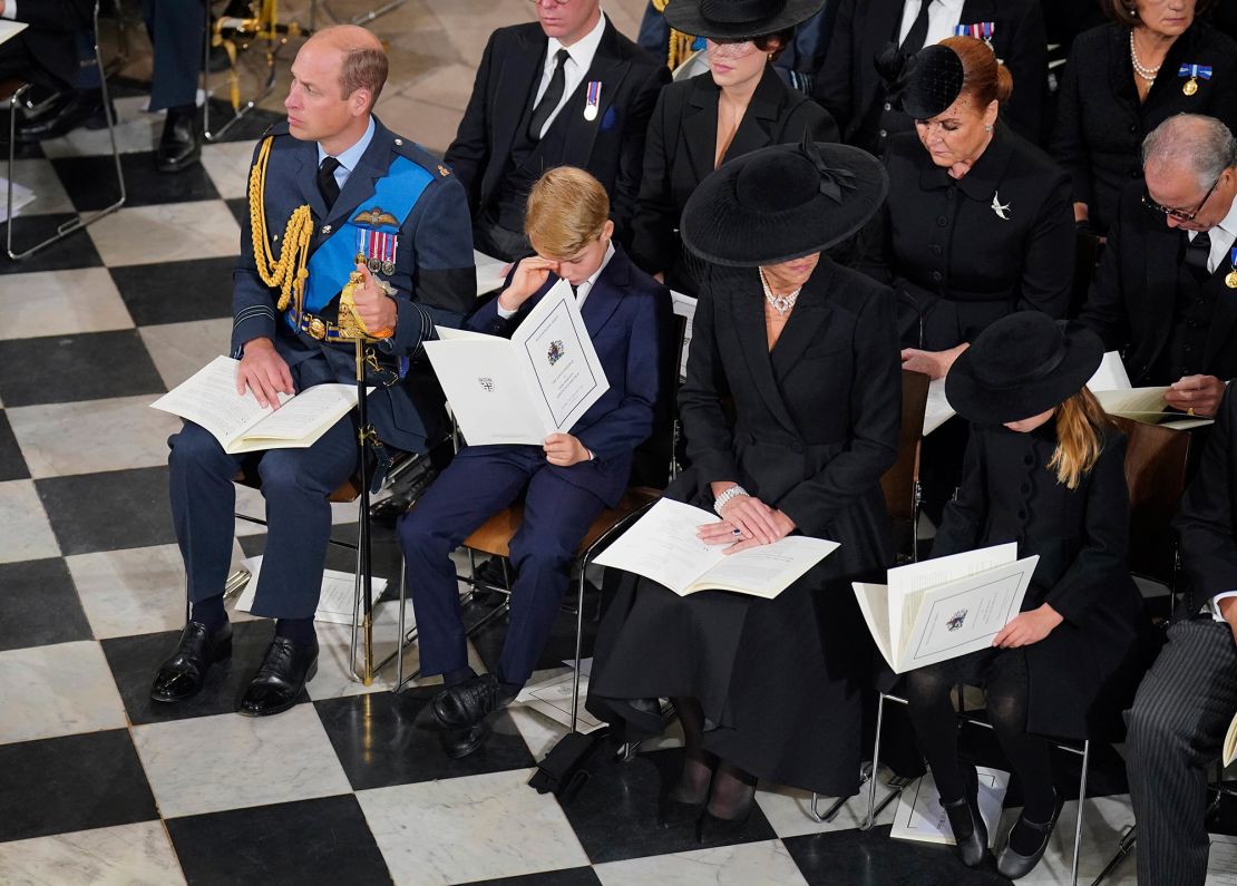 From left, Prince William, Prince George, Catherine, the Princess of Wales and Princess Charlotte at the Queen's funeral.